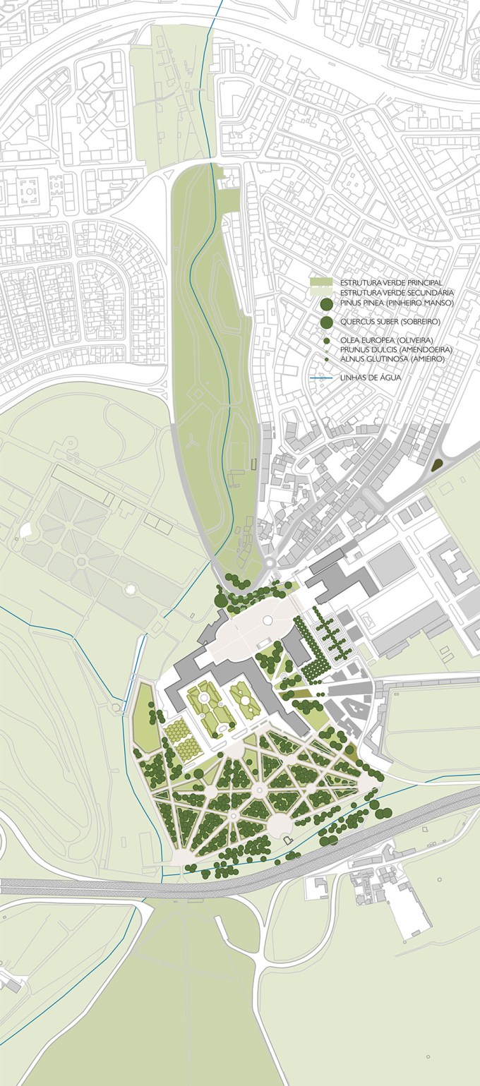 Mapa funcional de um espaço verde, mostrando a estrutura do parque, incluindo áreas de vegetação e elementos hídricos.